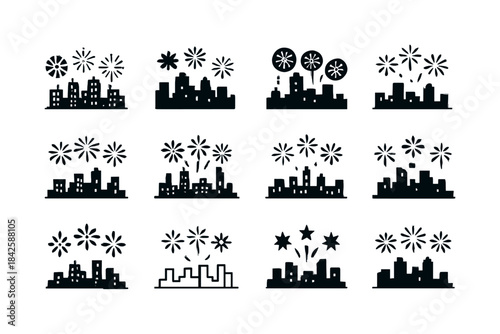Fireworks Logo Collection. Holiday fireworks exploding over a ci