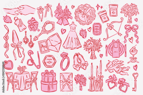 Whimsical wedding and love doodle collection. Art for greeting card, logo design, brand identity, packaging design.	