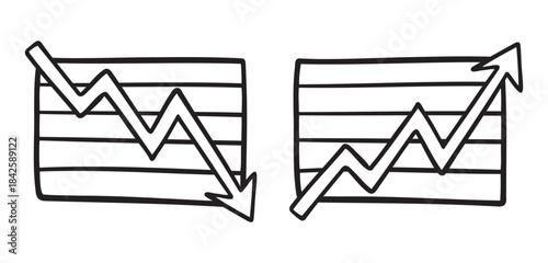infographic chart fall and rise business up and down arrow icon doodle hand drawn. Outline line drawing clipart symbol business bust and boom 