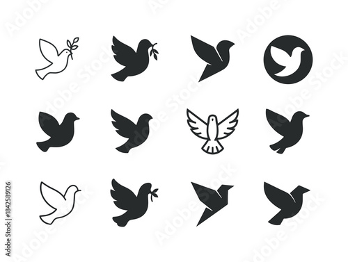 Dove Peace Logos. Peace. Icon set. Set Logo of Peace: dove. harm