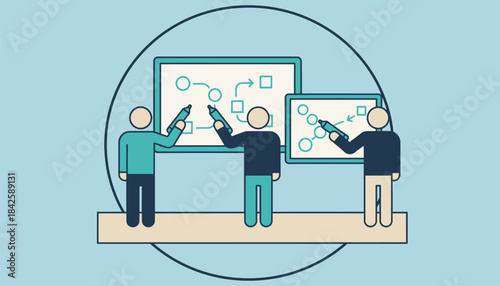 A collaborative workspace with team members using whiteboards and markers to visualize strategic concepts and interconnections.