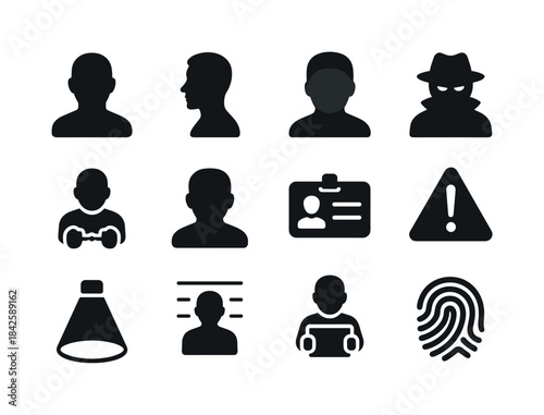 Suspect Icon Grid. Suspect icons. Solid icon set of suspect icon