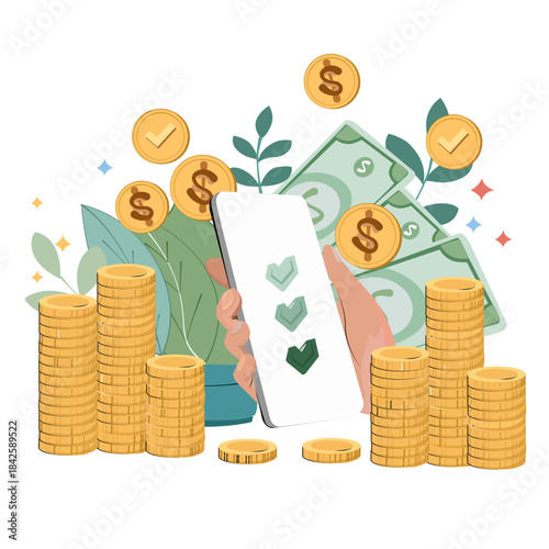 Hand holding a smartphone surrounded by piles of silver and gold coins, dollar banknotes, and growing plants. Represents digital banking, mobile payment, online investment, and financial growth succes