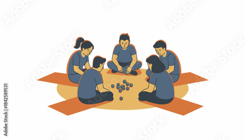 A circle of friends sitting on the ground deeply engaged in a game of marbles focused faces framed by the warm glow of the setting sun.