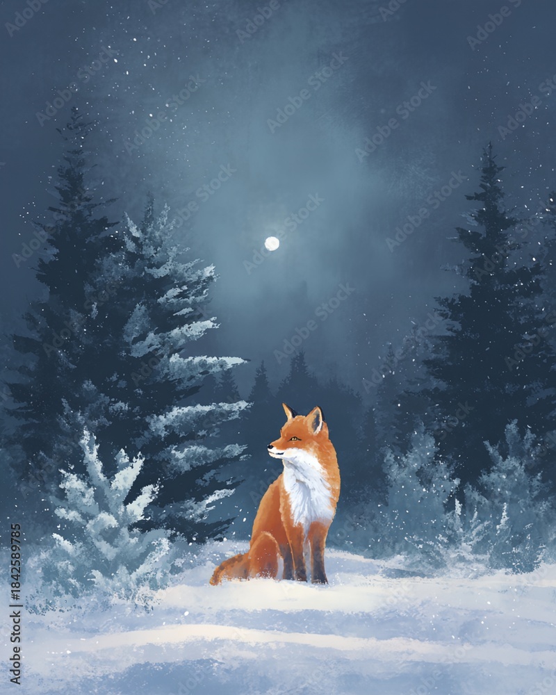 Naklejka premium Fox is sitting in the snow in front of a tree