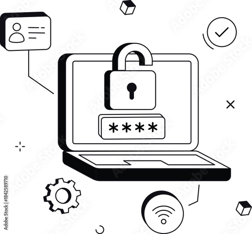 Laptop security password protection with padlock cyber data isometric flat vector illustration