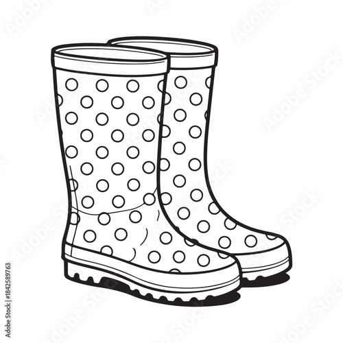 Black and white line drawing of a pair of wellington boots with a polka dot pattern