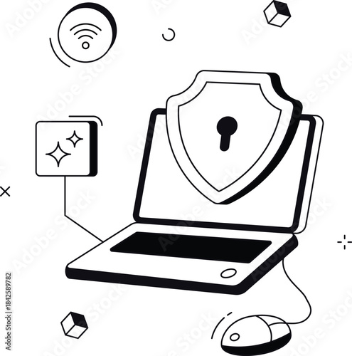 Laptop security with shield and wifi protecting data isometric flat vector illustration