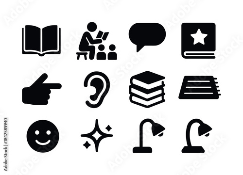 Reading Aloud Icons. Reading aloud to students. Solid icon set o