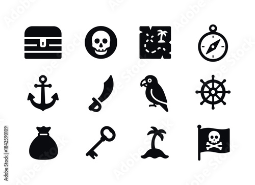 Pirate Treasure Icons. Pirate gold. Solid icon set of pirate gol