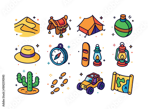 Desert Adventure Icons. Desert Adventure. Colorful isometric vec
