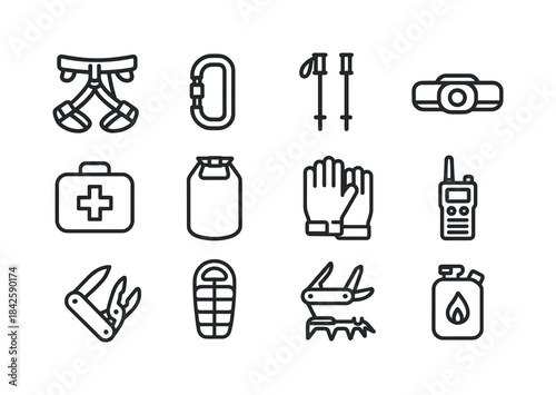 Adventure Gear Icons. Adventure Gear. Line icon set of Adventure