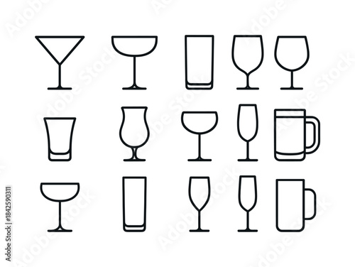 Cocktail Glassware Icons. Cocktail glassware. Line icon set of C