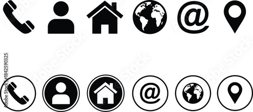 A set of twelve black and white vector icons representing essential contact and communication symbols, including phone, user profile, home address, globe, and email location pin.