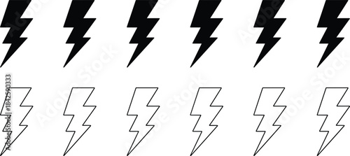 A symmetrical set of twelve vector icons depicting lightning bolts in both solid black and outlined styles, representing energy, electricity, power, and warning for digital interfaces.