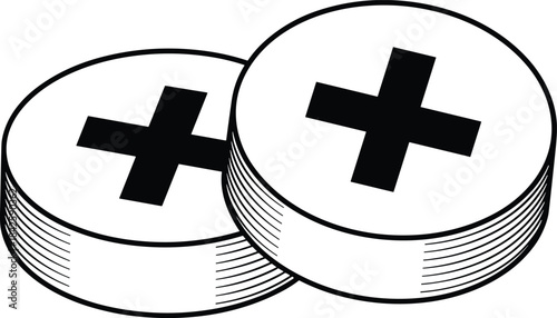 Two black and white circular medical or pill icons with a positive addition cross symbol on top, stacked like coins, representing health, medicine, and wellness.