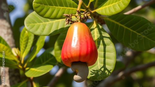 A Ripe Cashew Apple with Nut Hanging from a Branch