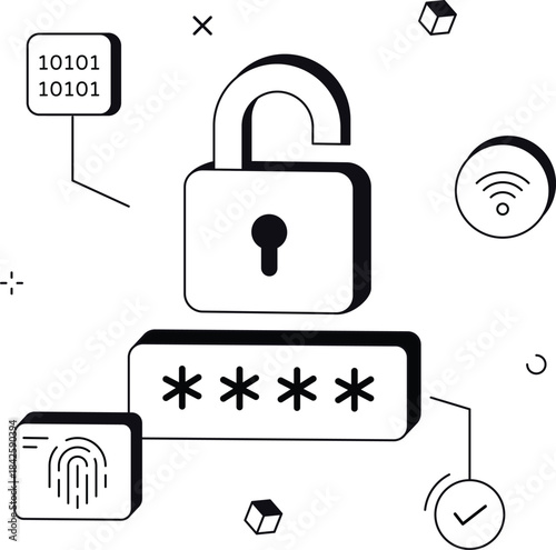 Online security unlock with fingerprint and password cyber isometric flat vector illustration