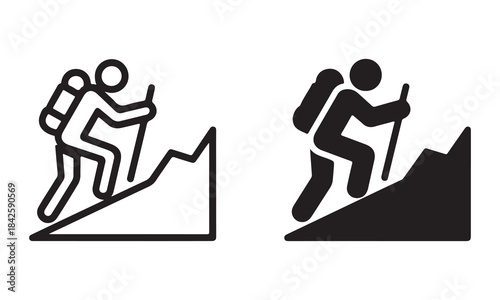 A person hiking and climbing up a steep hill or mountain slope with a walking stick icon