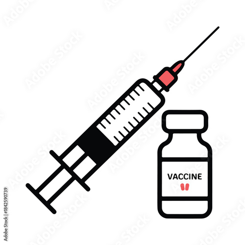 A black and red line art illustration showing a medical syringe next to a vaccine vial