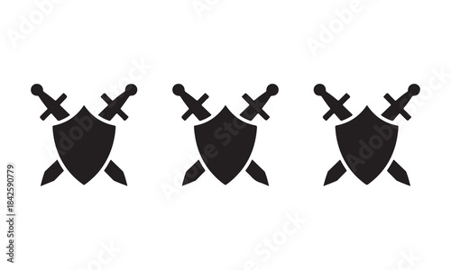 A repeating pattern of black shield and crossed swords icons symbolizing protection and combat