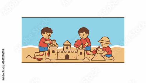 A of kids building a sandcastle at the beach teamwork evident in their concentrated expressions and sandy hands bucket and spade in tow.