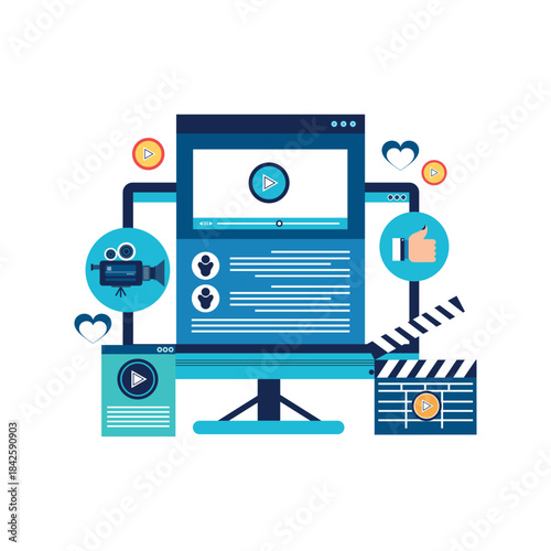 Video player icon on computer, concept of webinar, business online training, education or e-learning and video tutorial