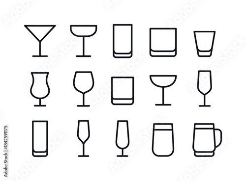 Cocktail Glassware Icons. Cocktail glassware. Line icon set of C
