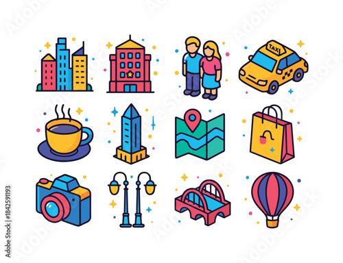 Vibrant City Icons. City Escapes. Colorful isometric vector icon