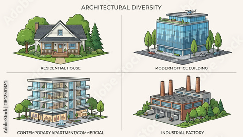 Vector Set of Building Types – Suburban Residential, Modern Office, Mixed-Use Development, Industrial Factory for Urban Planning, Architecture, Real Estate, and Educational Design Projects