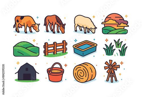 Sunset Grazing Icons. Sunset Grazing. Colorful isometric vector