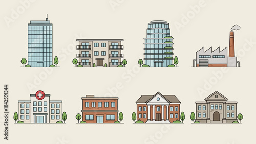Urban Building Vector Set – Office, Apartment, Factory, Hospital, School, Courthouse, Capitol for City Planning, Architecture, Education, Government, and Infrastructure Design