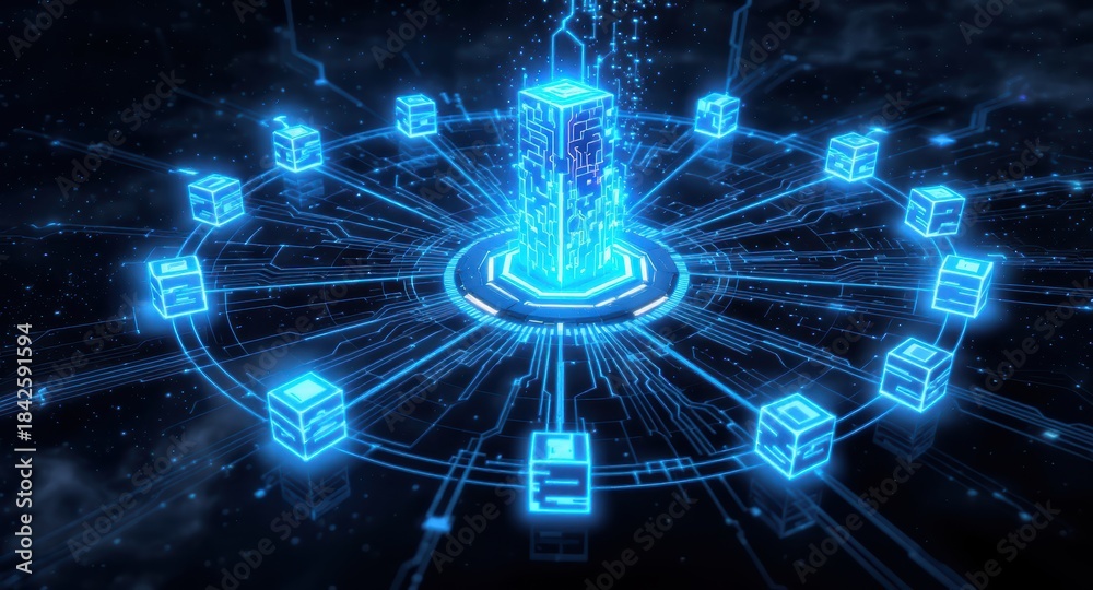 Fototapeta premium A futuristic digital landscape featuring a central glowing tower surrounded by interconnected blocks, representing advanced technology and data networking.