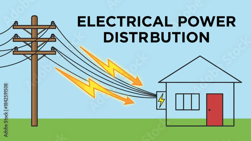 How Electricity Reaches Your Home Vector – Utility Pole, Power Distribution, Residential Infrastructure Diagram for Energy Education, Grid Awareness, and Electrical System Planning
