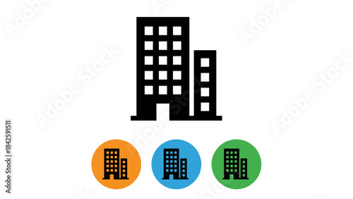 Urban Building Vector Icon Set – Black and White with Color Variants (Orange, Blue, Green) for Real Estate, Infrastructure, City Planning, and Graphic Design Projects