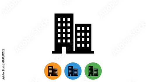Urban Building Vector Icon Set – Black and White with Color Variants (Orange, Blue, Green) for Real Estate, Infrastructure, City Planning, and Graphic Design Projects