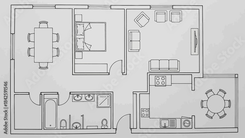 Residential Floor Plan Vector – Bedroom, Living Room, Kitchen, Bathroom, Dining, Laundry, Furniture Layout for Interior Design, Architecture, Real Estate, and Planning