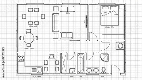 Residential Floor Plan Vector – Bedroom, Living Room, Kitchen, Bathroom, Dining, Laundry, Furniture Layout for Interior Design, Architecture, Real Estate, and Planning