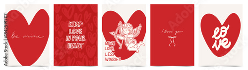 Valentine’s Day greeting card set with red hearts, Cupid, handwritten love phrases and modern romantic graphics. Romantic template for celebration, poster, invitation, banner, ads, branding, cover