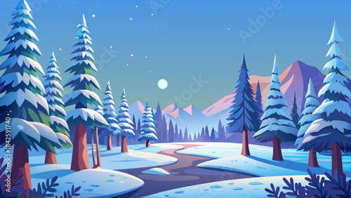 Christmas, New Year, forest, fir tree, conifers, trees, snow, sky, ice, freshness, vector, graphics, holiday, children's, joy, dream, family, congratulations, postcards, design, Christian traditions.