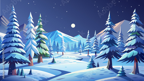 Christmas, New Year, forest, fir tree, conifers, trees, snow, sky, ice, freshness, vector, graphics, holiday, children's, joy, dream, family, congratulations, postcards, design, Christian traditions.