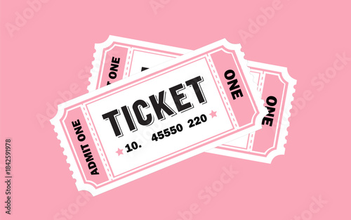 Two pink paper tickets for admission, vintage style, stacked on a solid light pink background
