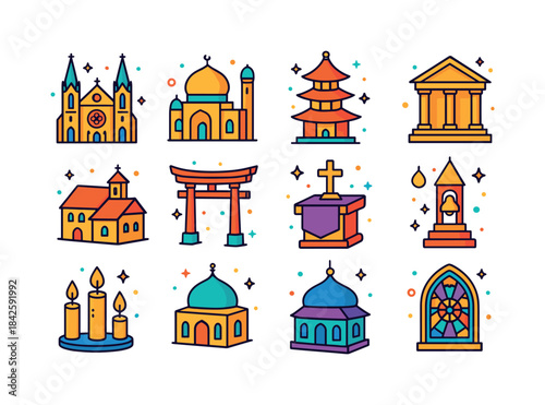 Sacred Architecture Icons. Sacred architecture. Colorful isometr