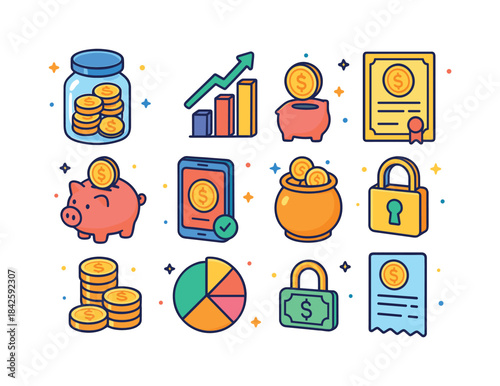 Savings Icons Collection. Savings & investing. Colorful isometri