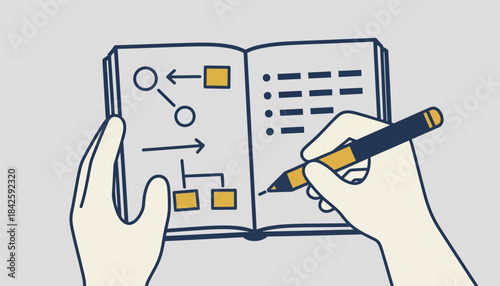 A closeup of hands writing on a notebook filled with diagrams and bullet points during a lecture.