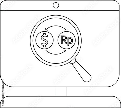 Currency exchange concept with magnifying glass on computer screen.