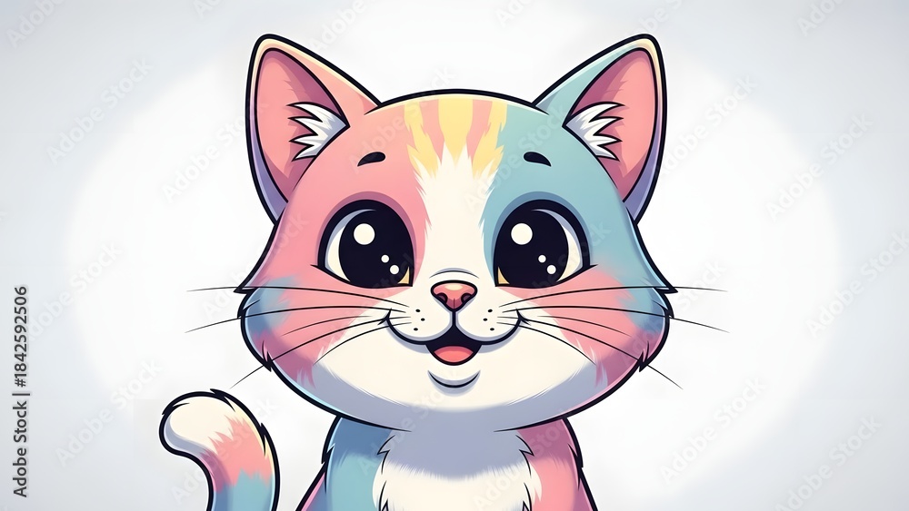 Fototapeta premium Cute cartoon smiling cat with big eyes