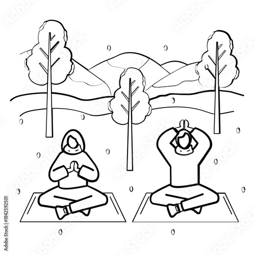 Outdoor Meditation Session Concept,Peaceful Yoga in the Open Air vector icon design, Winter Season Element symbol, frosty weather activity Sign, coldest season stock illustration