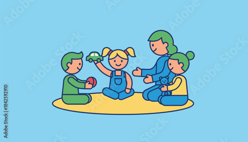 A circle activity where children are sharing their favorite toys taking turns and practicing sharing skills.