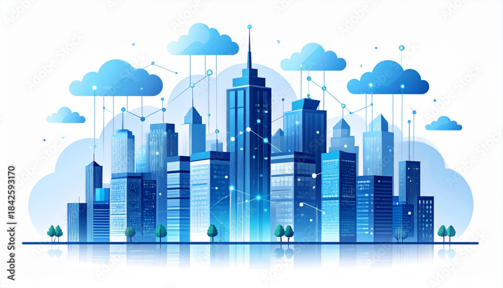 Fototapeta premium Vector Futuristic Business Center Cityscape with Cloud Data